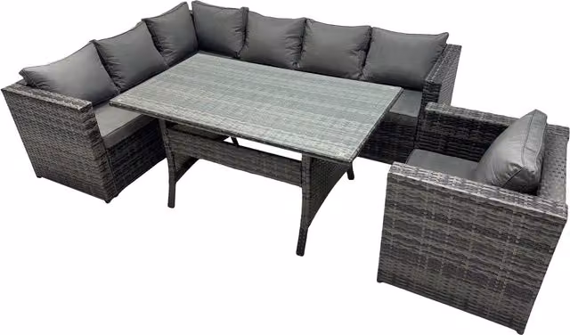 Fimous 7-Seat Outdoor PE Rattan Sofa and Dining Table Set in Dark Grey Mixed with Glass Top