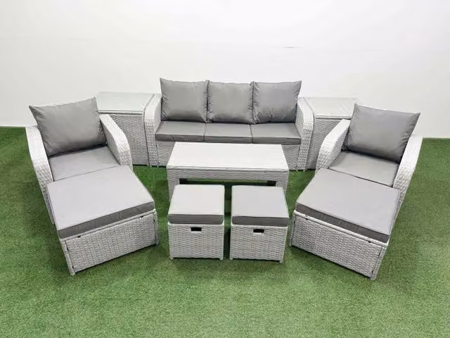 Fimous Light Grey PE Wicker Rattan Garden Sofa Set with Metal and Glass Details