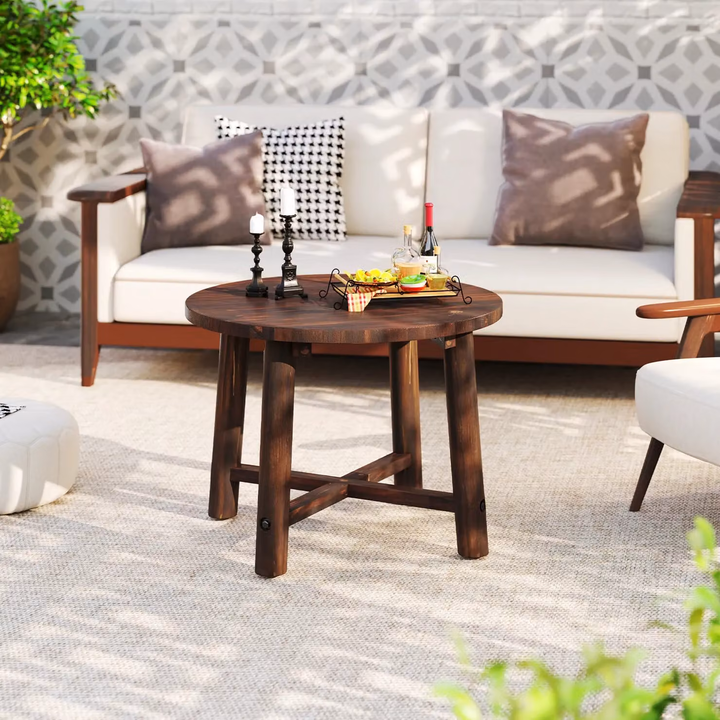 Costway Round Outdoor Side Table with Solid Wood Structure in Brown – 3