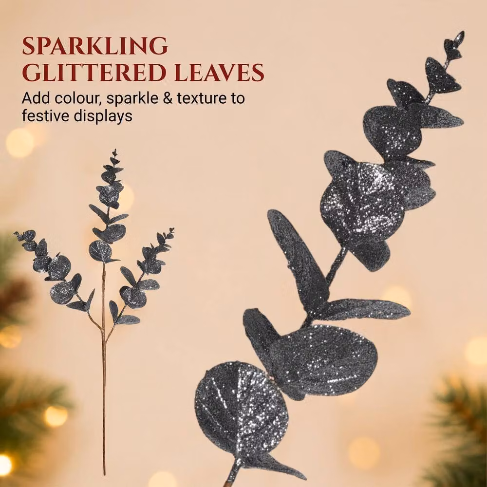 Shatchi Grey Glitter Artificial Eucalyptus Christmas Tree Picks, 6 Pack, Height: 55 cm – 5