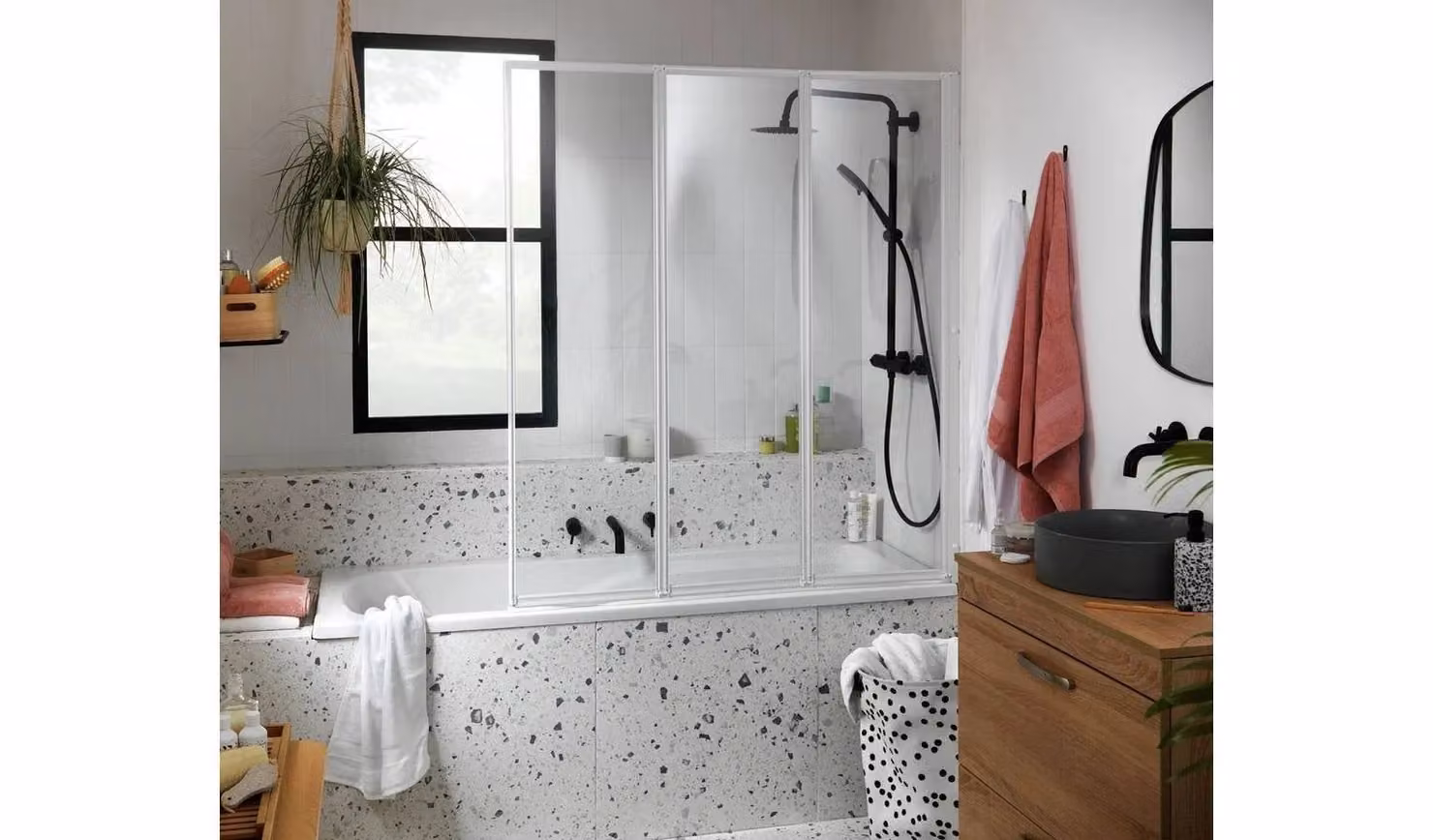 Cheap Furniture Warehouse Folding Bath Shower Screen, White, Clear Glass, W: 140 cm x H: 123 cm