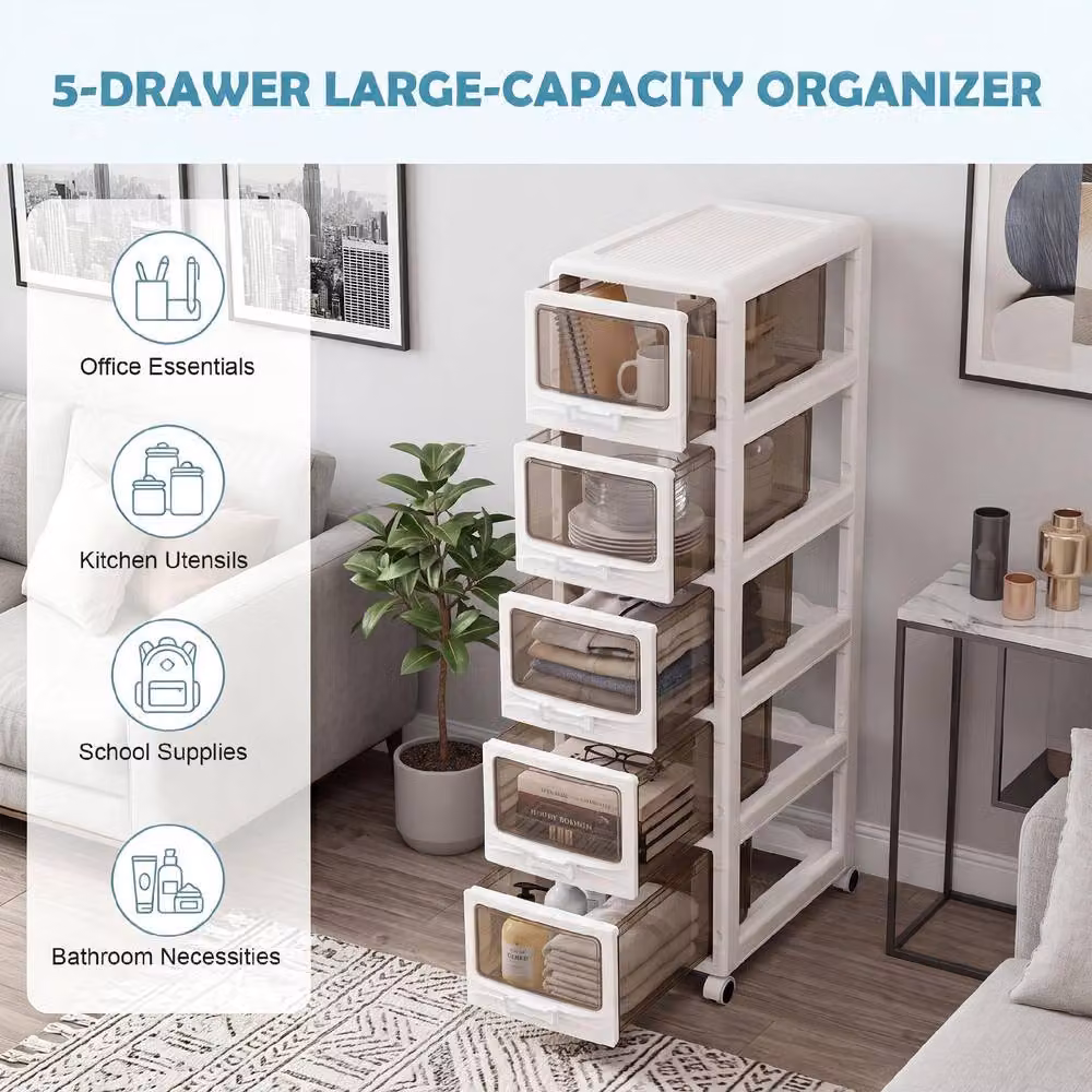 Costway 5-Tier Plastic Rolling Utility Storage Cart with Drawers in White – 5