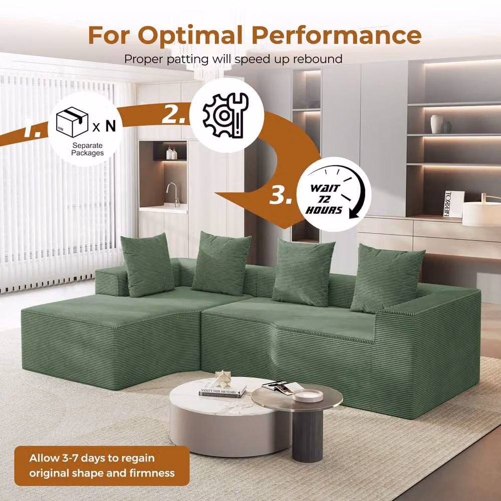 Dprodo Green Corduroy Left L-Shaped Modular Sofa with Scatter Cushions, Width: 320 cm – 3