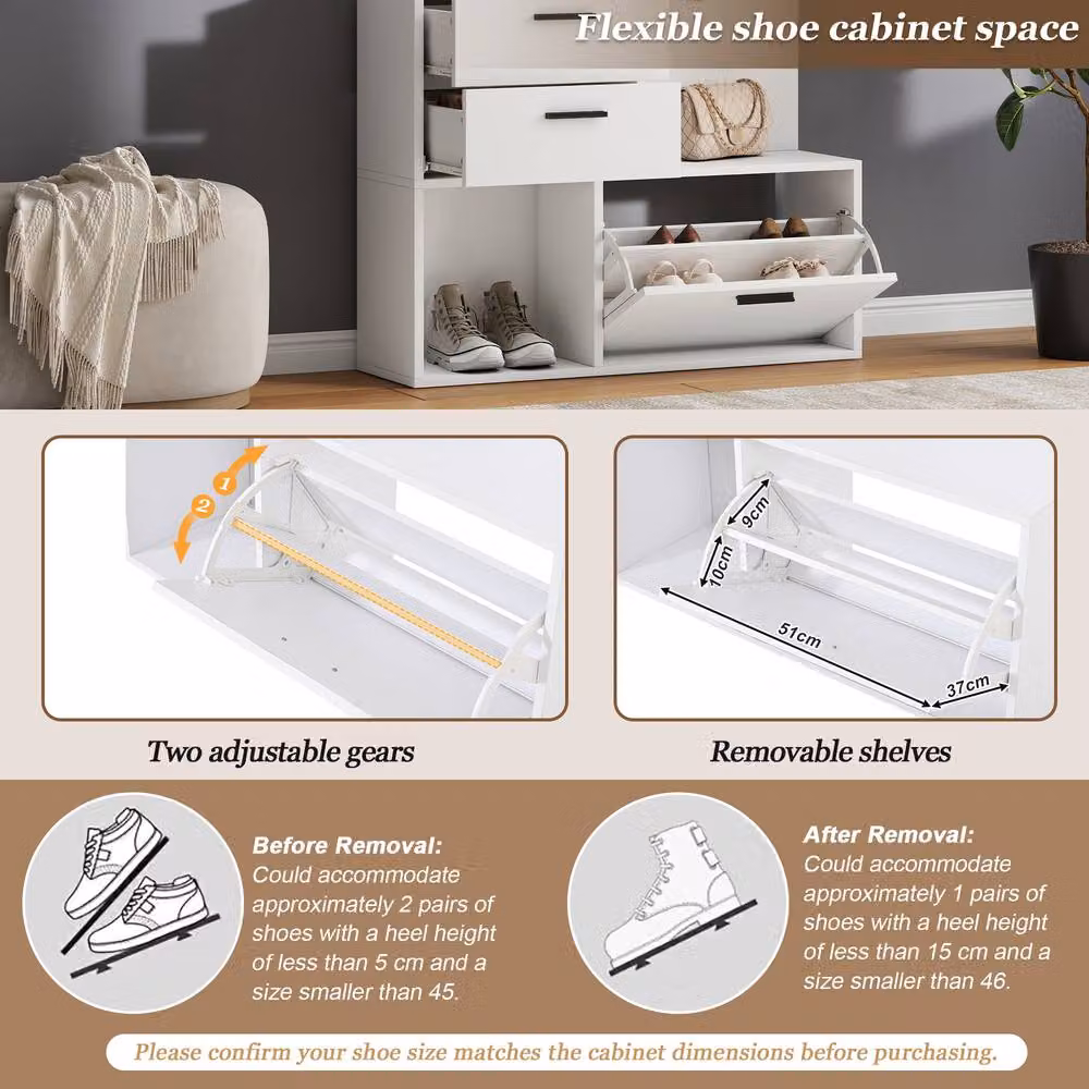 Merax Modern White Hall Tree Hallway Storage Unit with Mirror, Hooks and Shoe Cabinet, H 180 x W 80 x D 30 cm – 2