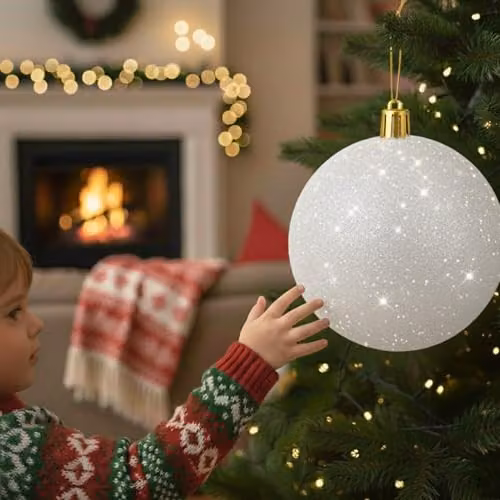 Shatchi White Round Glitter Christmas Bauble Hanging Ornament, Diameter: 20 cm – 5