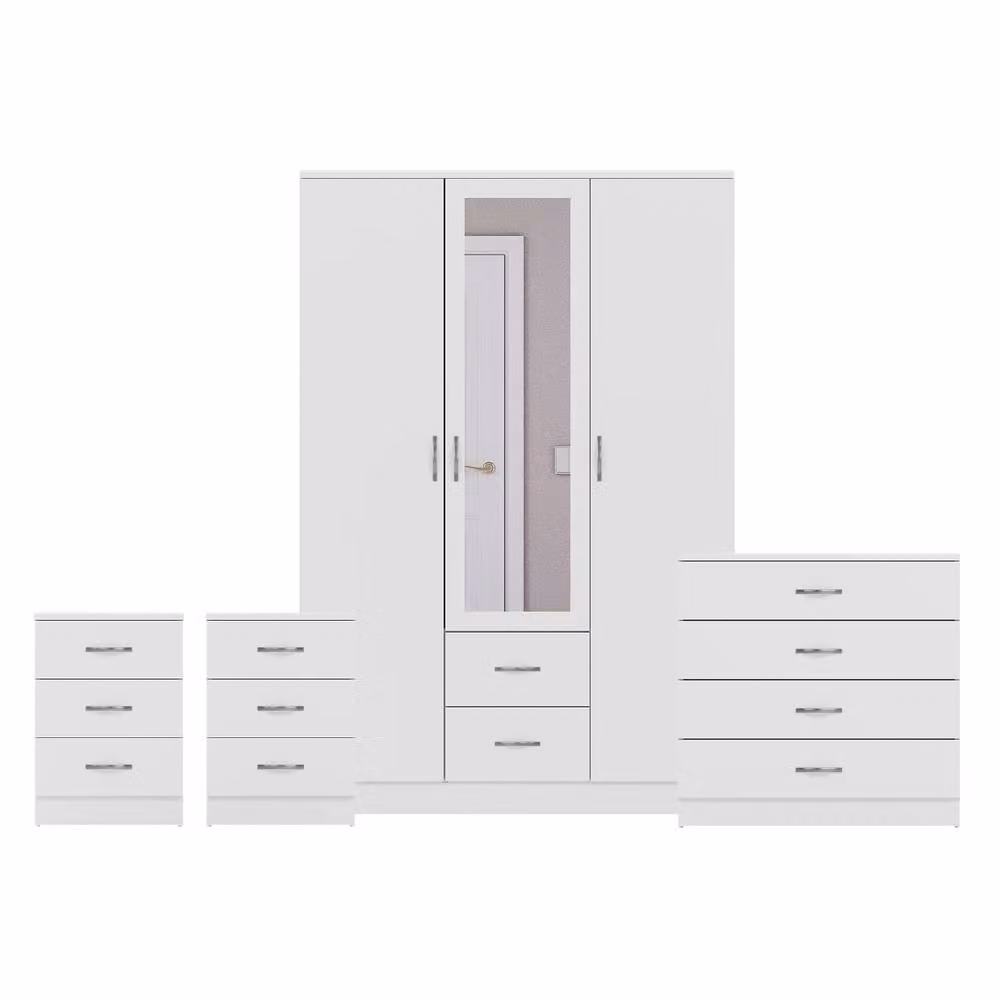 Vida Designs 4 Piece Modern White Bedroom Set Including 3 Door Mirror Wardrobe, 4 Drawer Chest and 2 Bedside Tables – 2