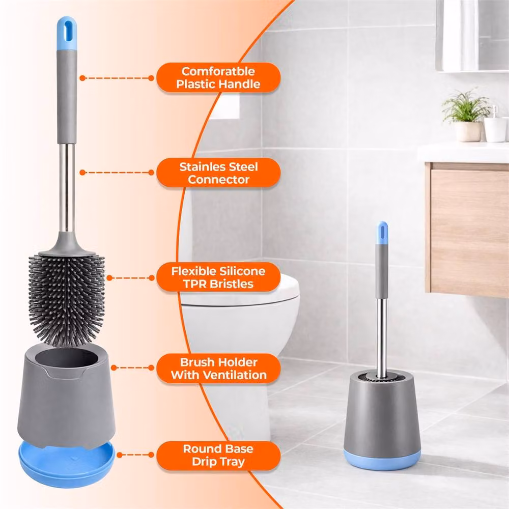 VOGREX Grey Silicone Toilet Brush Set with Holder and Flexible Non-Scratch Bristles – 2