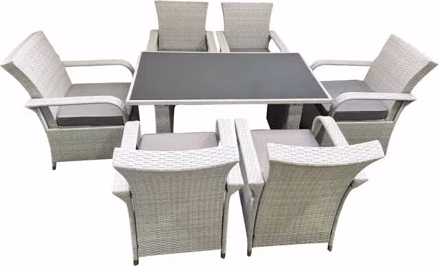 Fimous Rattan Garden Furniture Set with Rectangular Glass Top Dining Table and 6 Chairs in Light Grey and Black