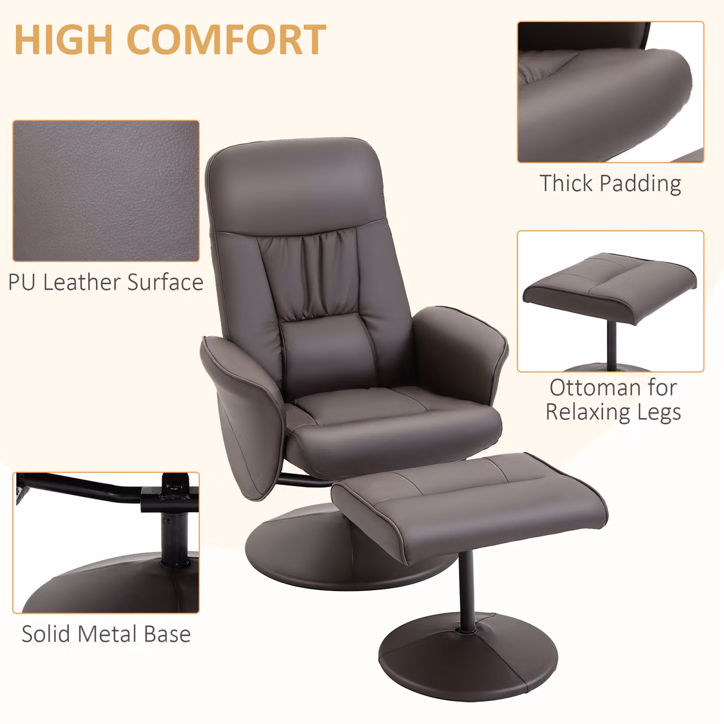 HOMCOM Executive Recliner Chair with Footstool, Brown Synthetic Leather High Back Armchair with 360 Degree Swivel and Manual Lever Recline – 6