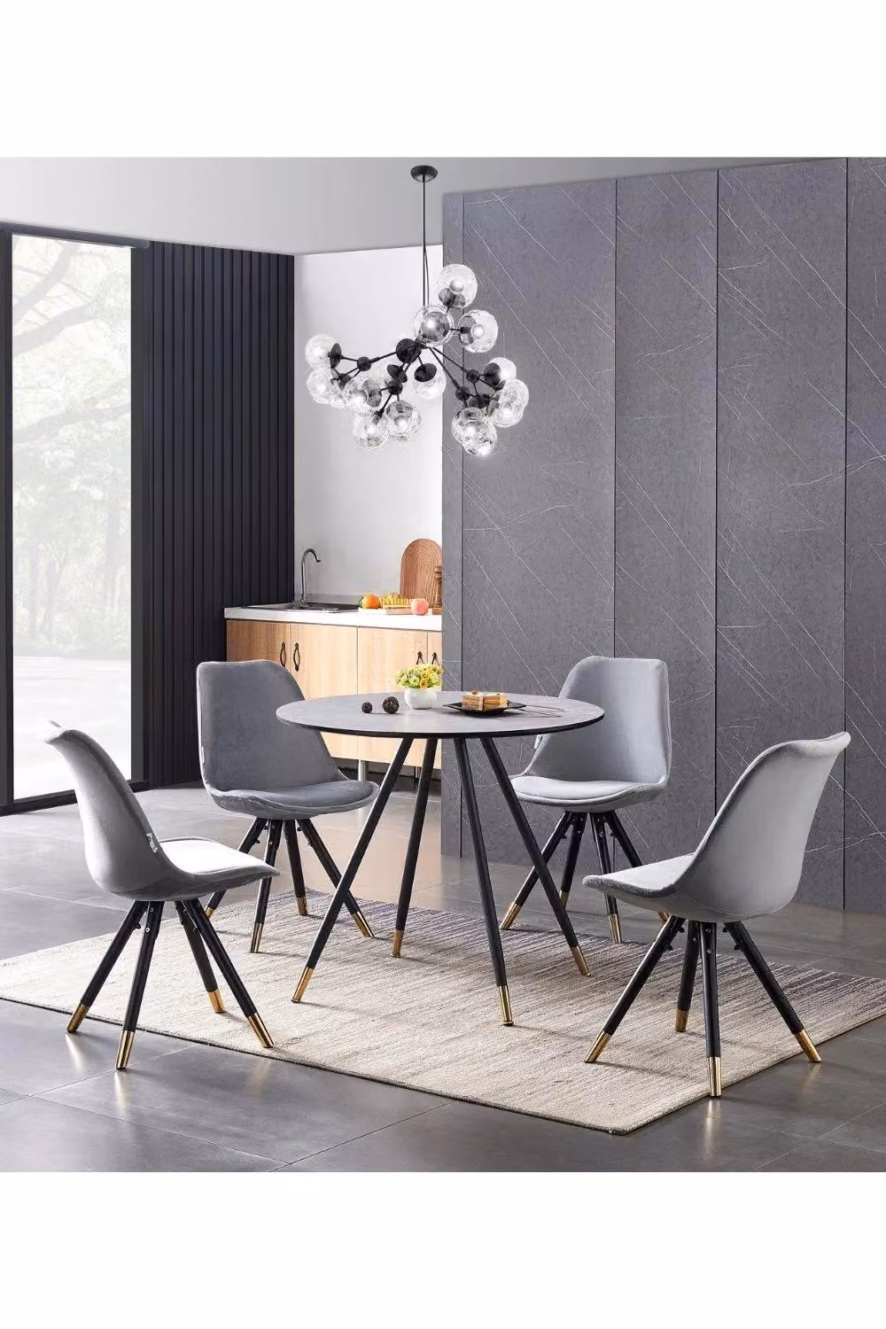 Life Interiors Sofia Dorchester LUX Dining Set with Round Table and 4 Chairs in Grey, Black and Gold – 2