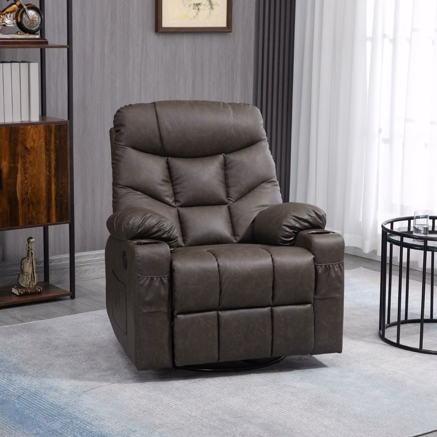 HOMCOM Brown Faux Leather Single Reclining Armchair with Cup Holders and Footrest, H 102 x W 86 x D 93 cm – 2