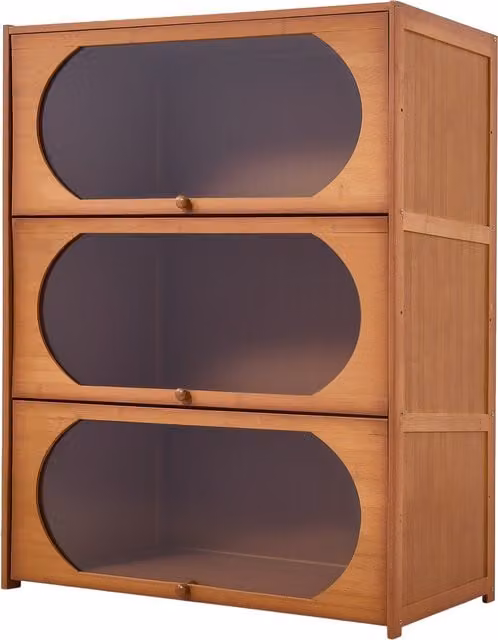 Livingandhome Minimalist Freestanding Bamboo Storage Bookcase with Glass Hinged Doors, Brown, W/D/H: 101.5 x 101.5 x 101.5 cm