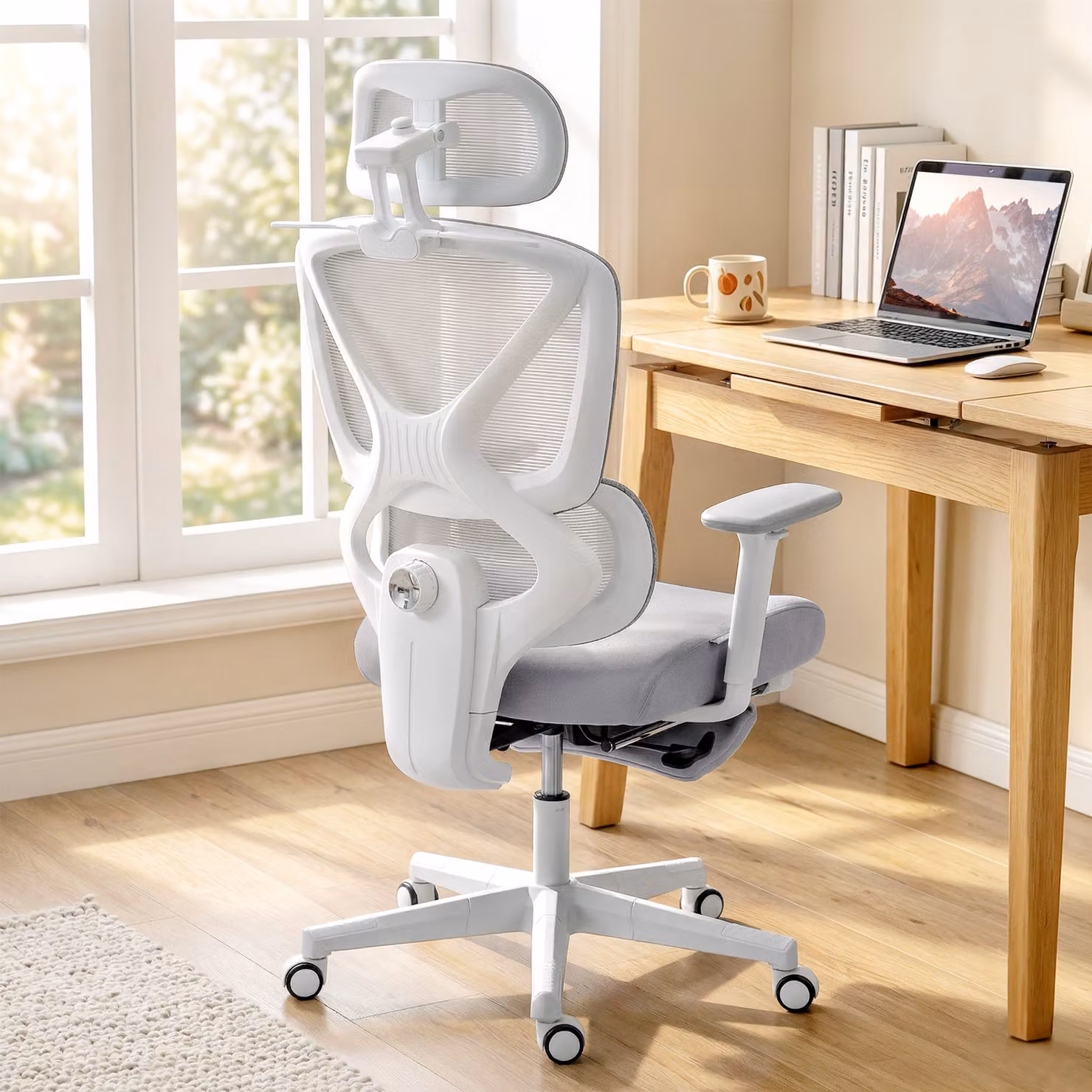 HOMCOM Ergonomic Modern Office Chair in Grey Fabric with Headrest, Armrests and Castors – 2