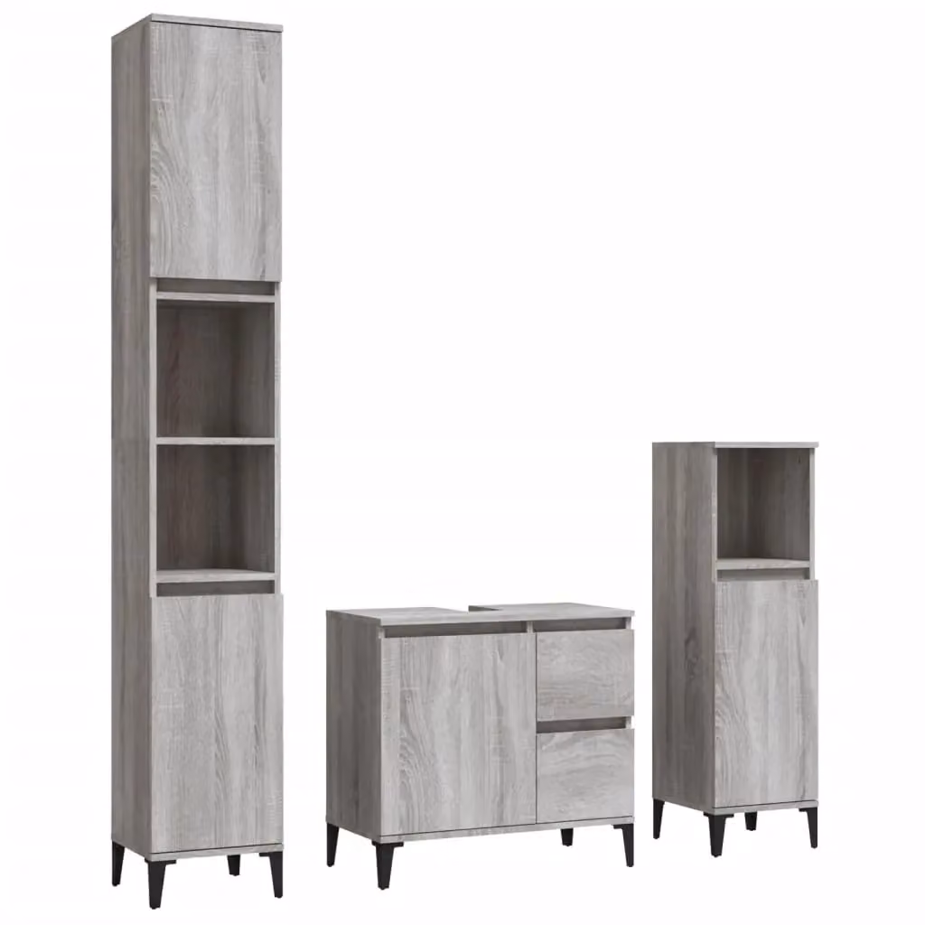 Berkfield Home 3 Piece Modern Grey Bathroom Cabinet Set with Tall Freestanding Unit and Hinged Doors – 2