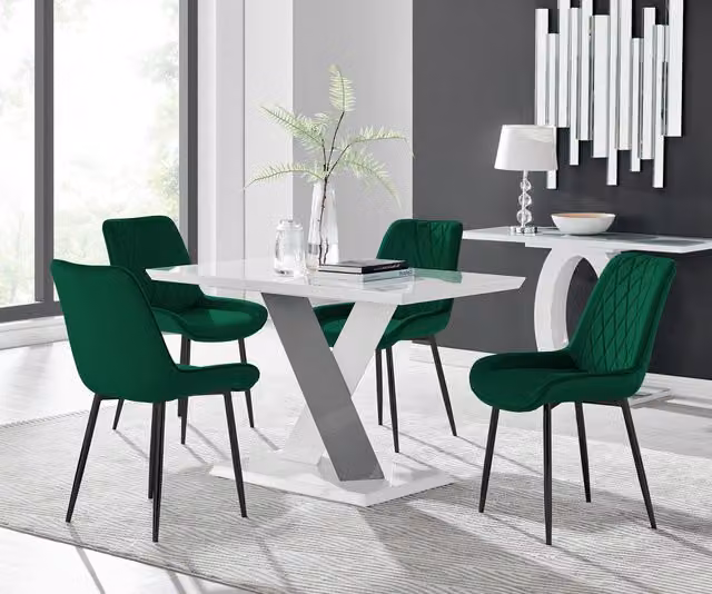 Furniturebox Monza White High Gloss Rectangular Dining Table with 4 Green Pesaro Black Leg Chairs