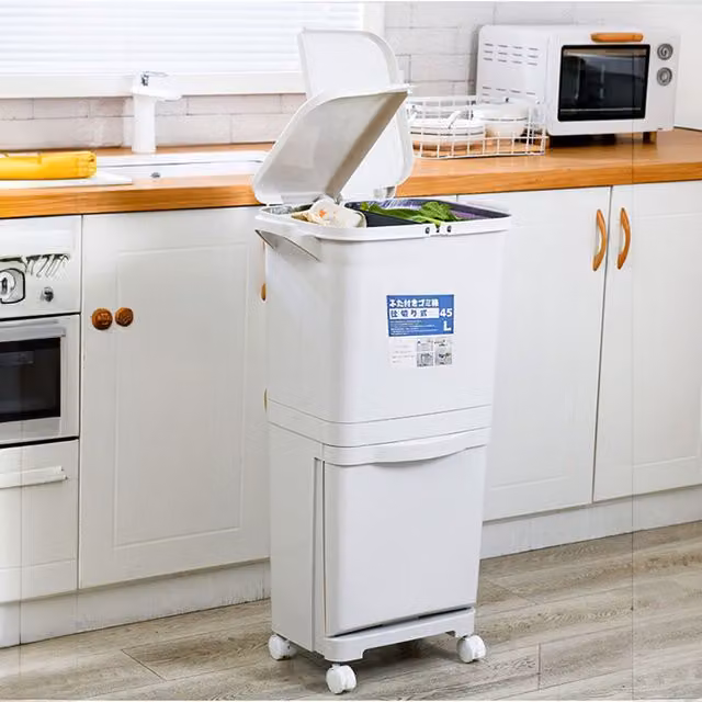 Livingandhome Dual Compartment Pedal Waste Bin with Wheels and Removable Inner Bucket, White, 45 l