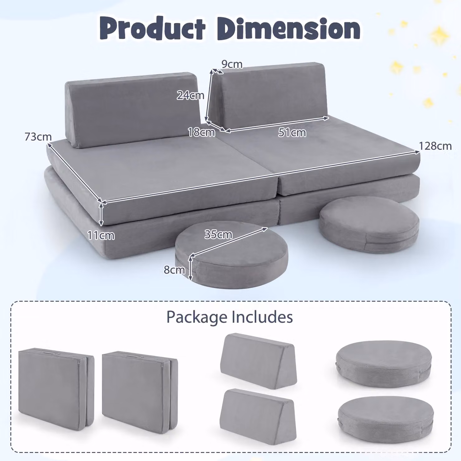 Costway 6 Piece Modular Convertible Foam Play Couch Set in Grey – 3
