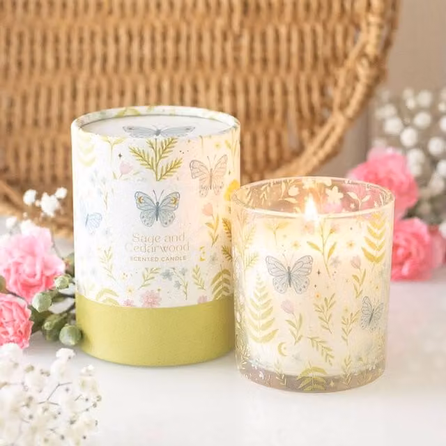 Uniqueful Luna Bloom Butterfly Sage & Cedarwood Floral Pillar Candle in Green and Multicolour, 1 Pack – 1