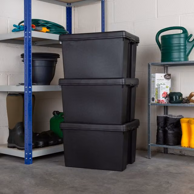 Wham Bam 3 x 45L Heavy Duty Stackable Plastic Storage Boxes with Lids and Handles, Black