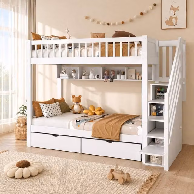 STILVORA Modern White Wooden Bunk Bed with Stairs and Storage Drawers, W/D/H: 190 x 90 x 160 cm