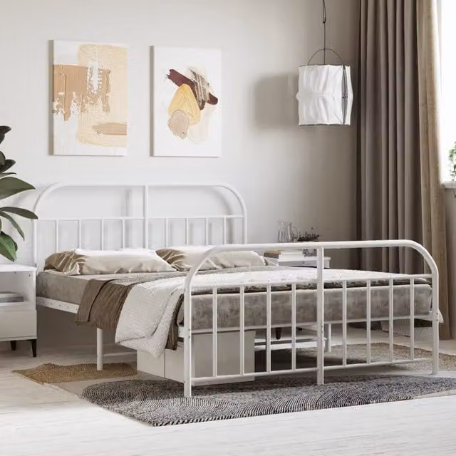 Berkfield Home Metal Bed Frame with Headboard and Footboard, White, W/D/H: 150 x 200 cm