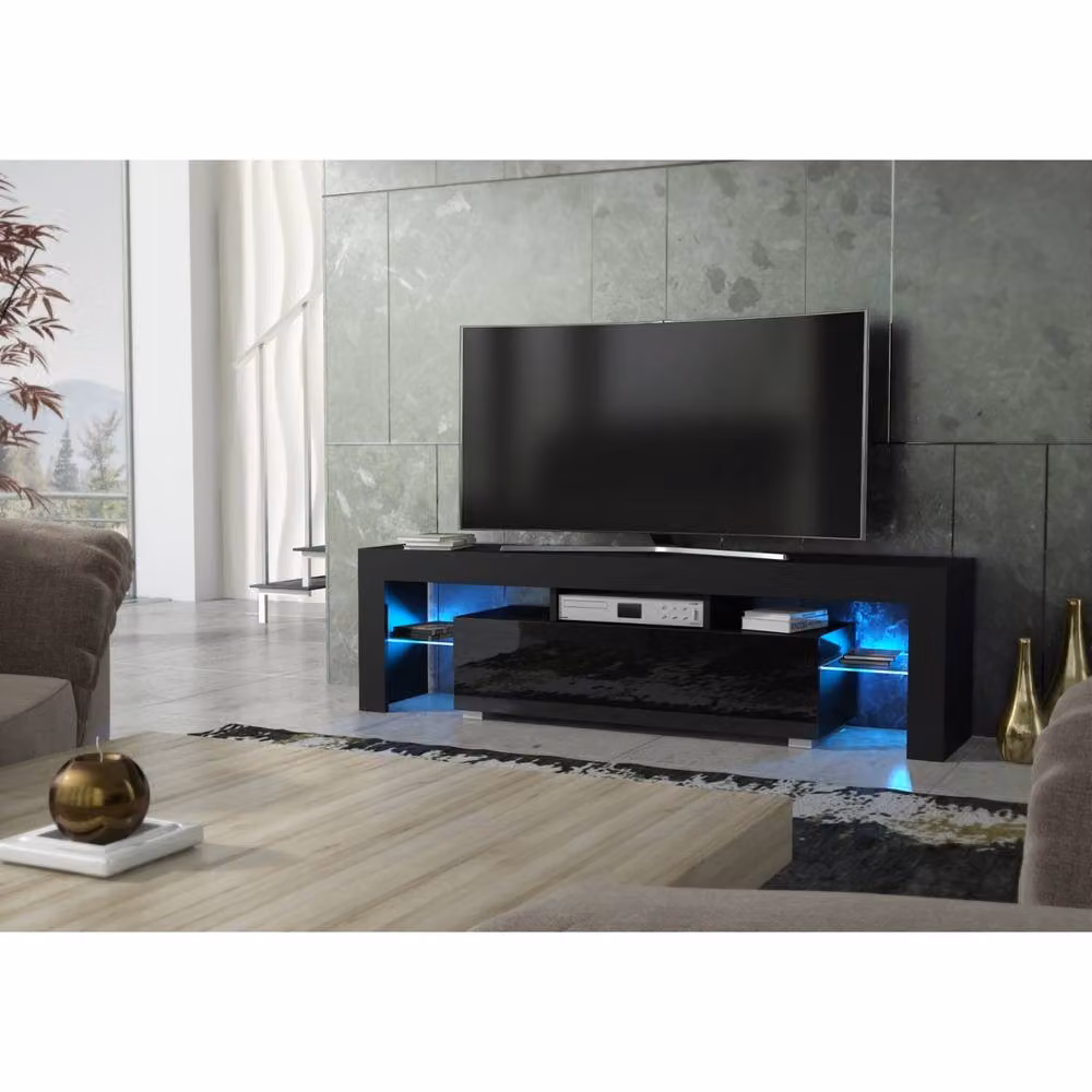 Mex Furniture LTD Aria TV Unit in Black with Glossy Doors and LED Lights, W: 160 cm, D: 35 cm, H: 45 cm – 2