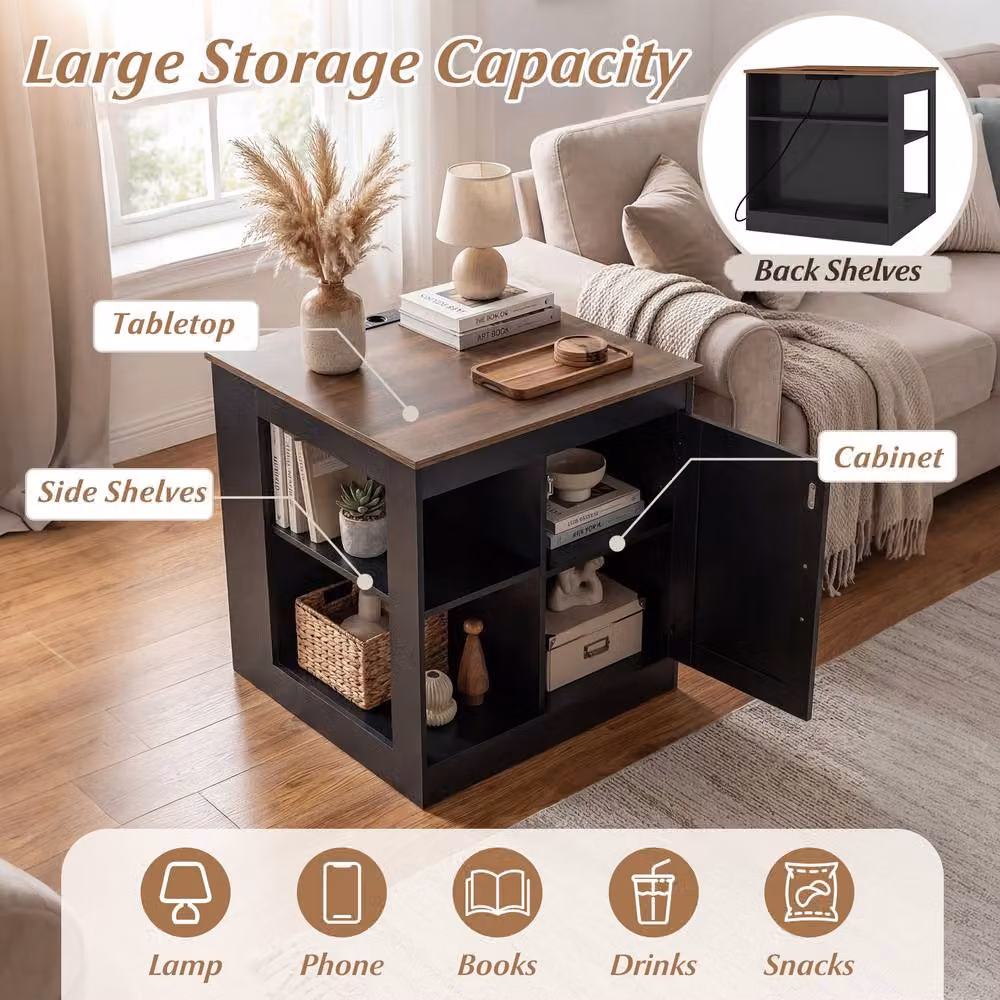 Costway Farmhouse Wooden Nightstand with Charging Station and Media Compartments in Black – 5