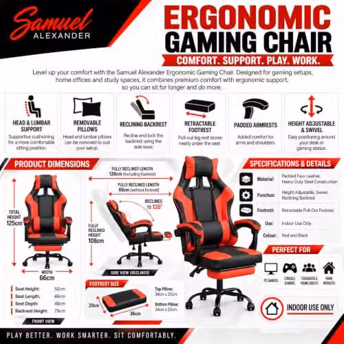Samuel Alexander Red Faux Leather Gaming Chair with Headrest and Armrests – 7