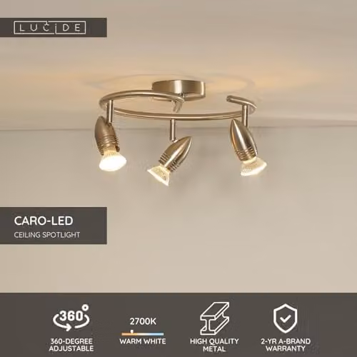 Lucide Caro-LED Ceiling Spotlight in Satin Chrome, Diameter: 31 cm, with 3x5W GU10 Warm White LED Bulbs Included – 2
