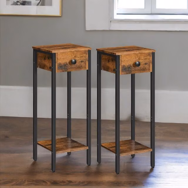 Rafaelo Mobilia Set of 2 Slim Industrial Side Tables in Brown and Black – 1