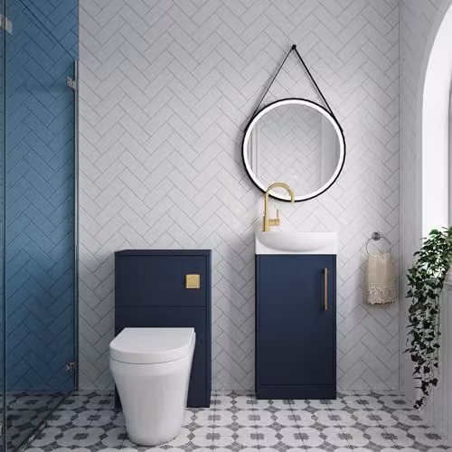 Balterley Modern Cloakroom Suite with Single Door Floor Standing Vanity Unit, Basin, Toilet and Mixer Tap in Blue and Gold – 4