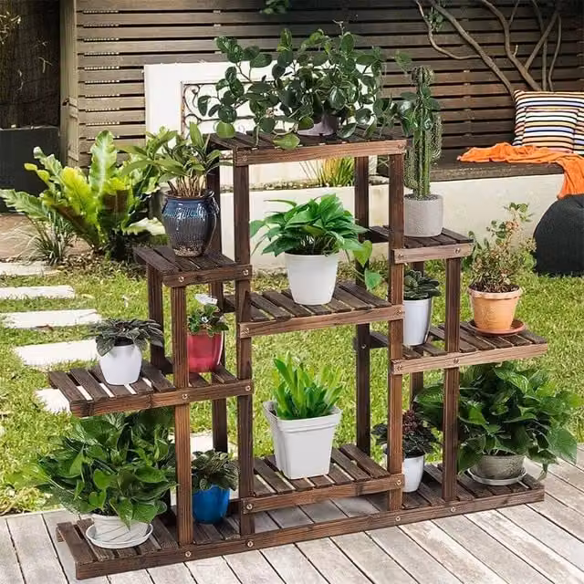 EONLION 9 Tier Rustic Brown Pine Wood Flower Rack and Freestanding Garden Plant Shelf Stand – 1
