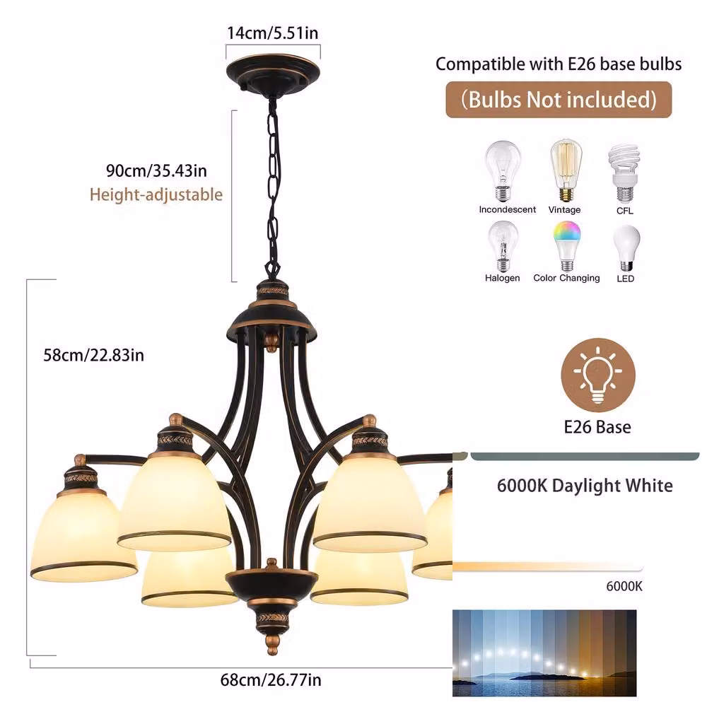 NIVOR Classic 6-Light Bell Pendant Chandelier in Black and Gold with Frosted Glass and E27 Sockets – 2