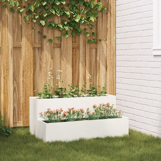 Berkfield Home 2-Tier Steel Garden Planter Tub in White, W: 100 cm, D: 60 cm, H: 45 cm