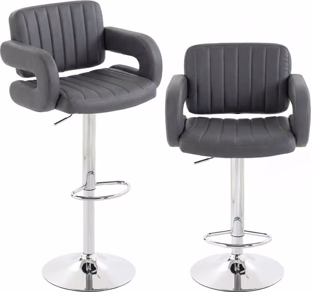 HOMCOM Set of 2 Adjustable Swivel Bar Stools with Armrests and Backrests in Grey PU Leather – 1
