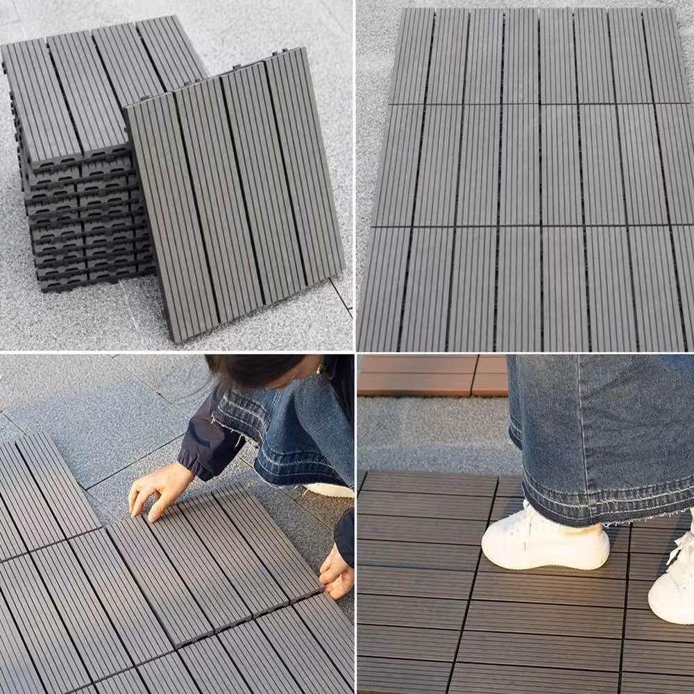 NESTLUNE 11-Piece Interlocking WPC Outdoor Decking Tiles in Dark Grey and Black, Width: 52 cm – 4