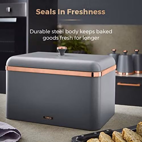 Tower Cavaletto Metal Bread Bin with Loose Lid, Grey and Gold, W: 24.0 cm, D: 17.5 cm, H: 33.0 cm – 4