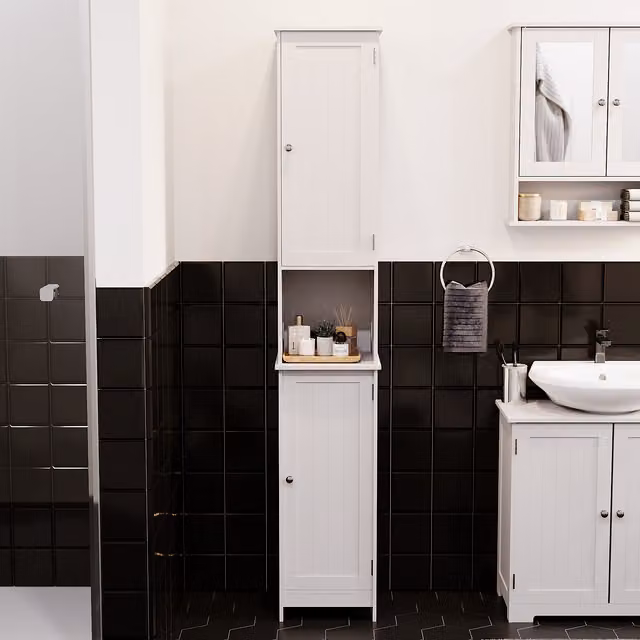 Priano Modern White 2 Door Freestanding Bathroom Tall Cabinet with Internal Shelves and Open Shelf