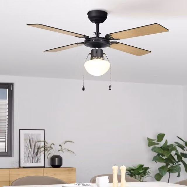 Eglo Fortaleza Ceiling Fan Light with 4 Blades in Matte Black and Wood