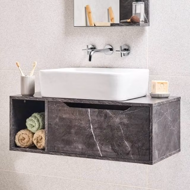 Wyld and Coco Black Wall-Mounted Bathroom Cabinet with Fluted Front, W: 80 cm, D: 40 cm, H: 28 cm