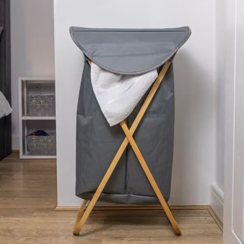 JVL Bambanio Foldable Bamboo Laundry Storage Hamper with Lid and Handles, 100 l, Grey – 4