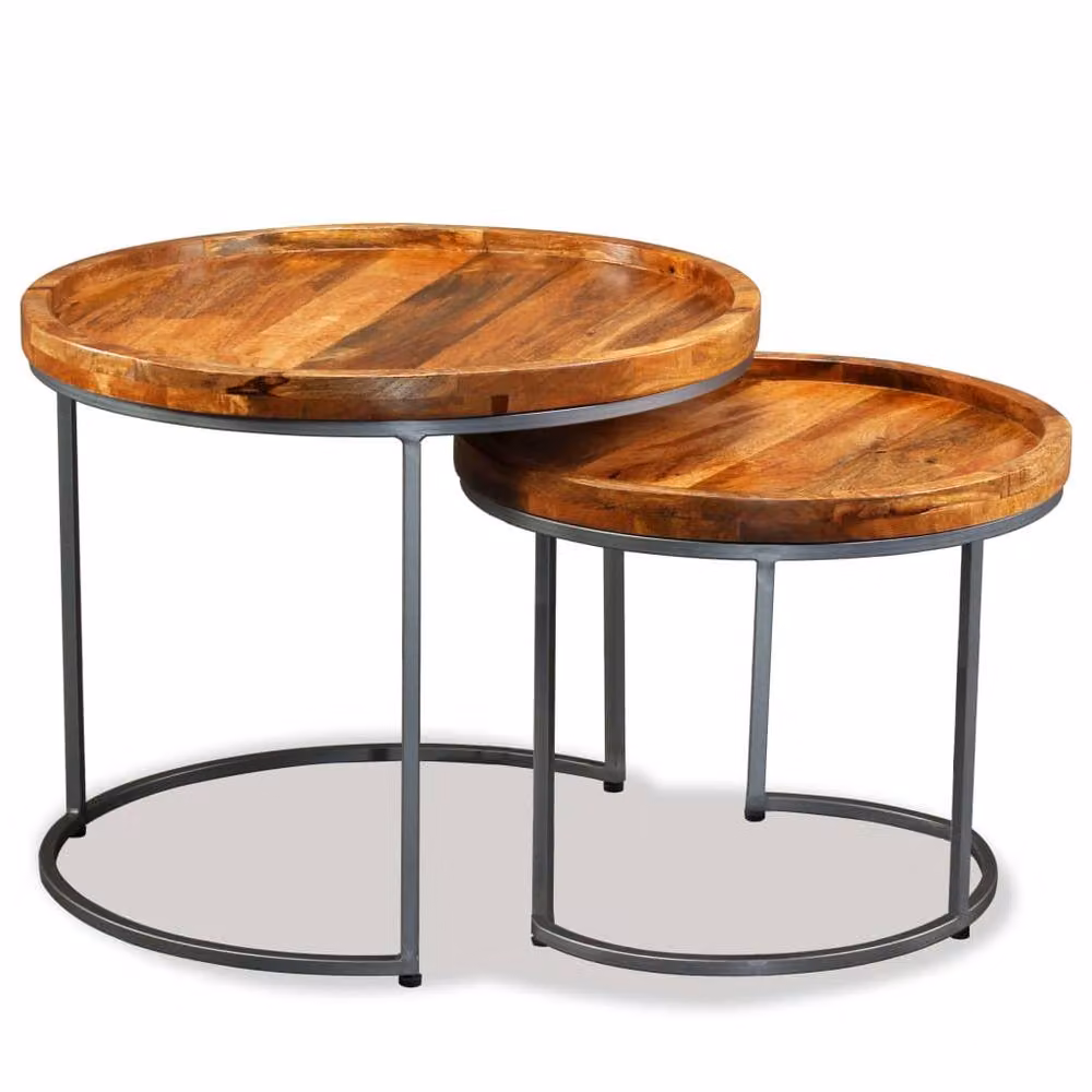 Berkfield Home Set of 2 Round Nesting Side Tables in Brown Lacquered Mango Wood – 2
