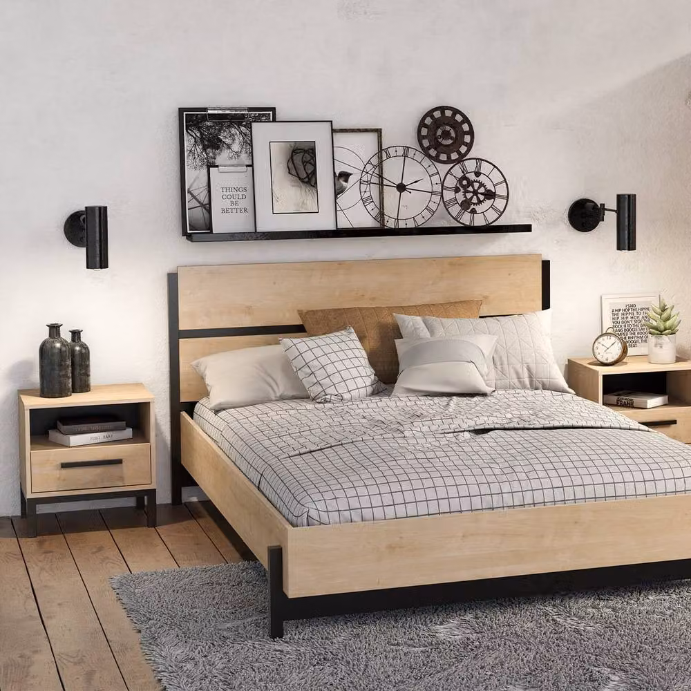 CALICOSY Bedside Table with 1 Drawer and 1 Niche in Light Brown Oak and Matte Black Finish – 2