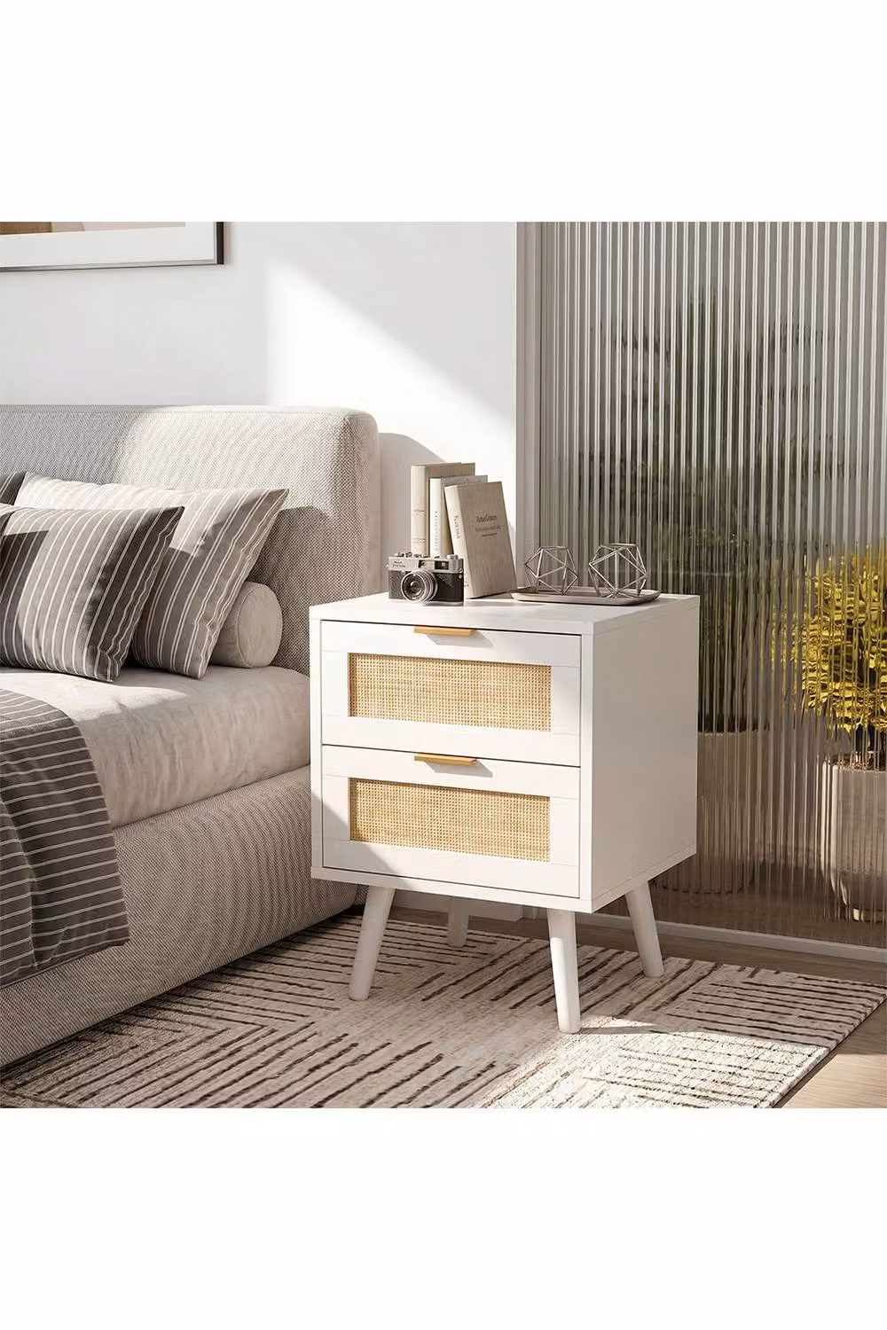 H&O Direct Set of 2 Modern White Rattan and Metal Bedside Tables – 2