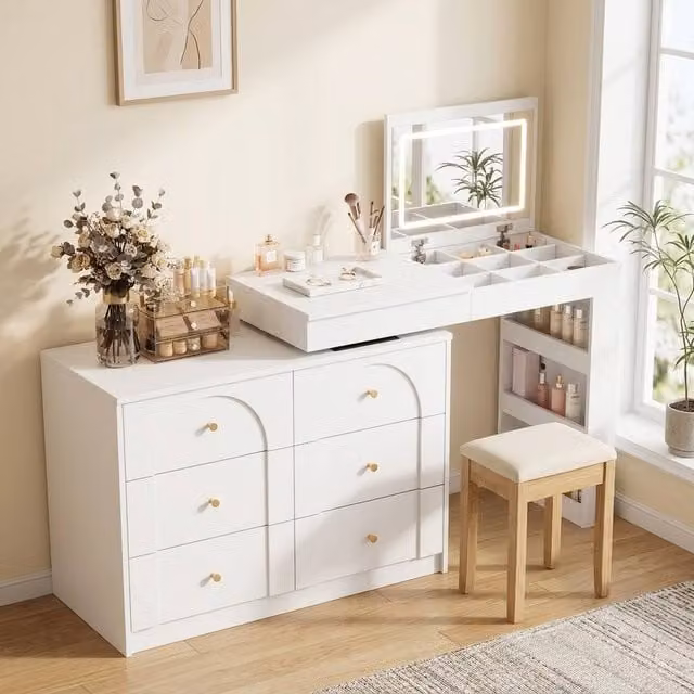STILVORA Modern White Dressing Table with LED Hollywood Mirror and 7 Drawers