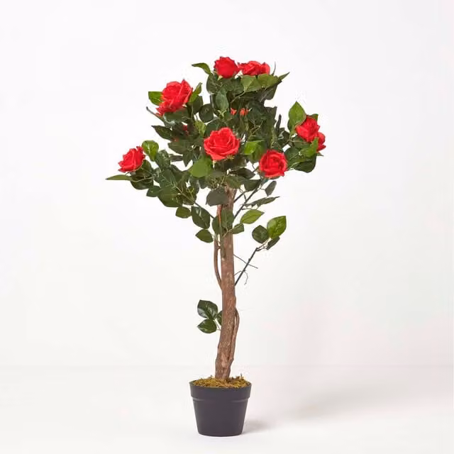 Homescapes Red Potted Artificial Rose Tree with Green Leaves, Height: 90 cm