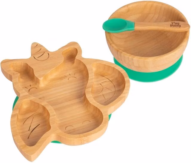 Tiny Dining Green Bamboo and Silicone Childrens Suction Unicorn Dinner Set