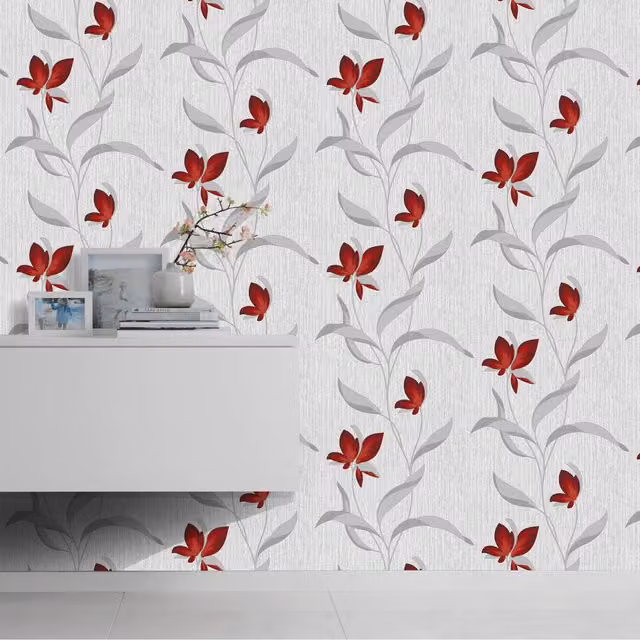 Erismann Fleur Floral Trail Sparkle Wallpaper in Red
