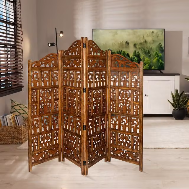 Topfurnishing Gamla 4 Panel Heavy Carved Wooden Room Divider Screen with Floral Oriental Design in Brown and White