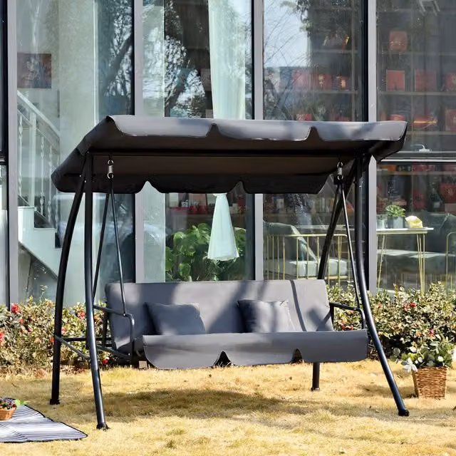 Outsunny 3 Seater Garden Hammock Bed with Sun Canopy and Cushions, Deep Grey